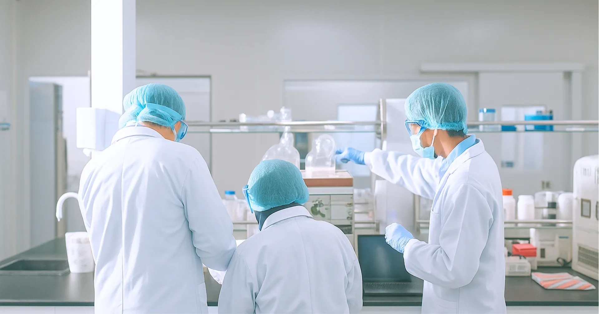 Tiga orang mengenakan jas dan perlengkapan pelindung di meja laboratorium