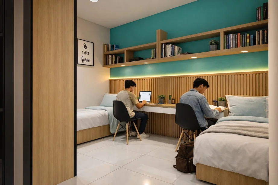 Kamar hunian mahasiswa modern dengan meja belajar