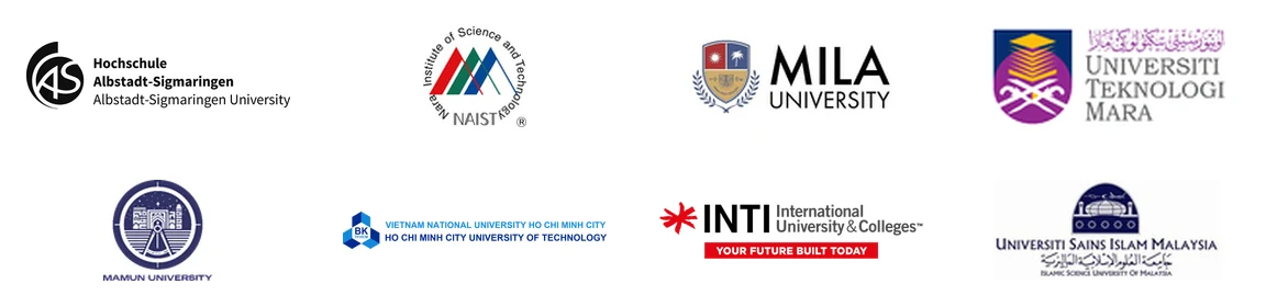 Logo institusi global yang ditampilkan dalam brosur APU, termasuk Albstadt-Sigmaringen University, NAIST, MILA University, UiTM, Mamun University, VNU HCMUT, INTI, dan USIM