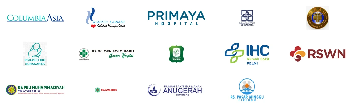 Logo organisasi layanan kesehatan dalam brosur APU: Columbia Asia, RSUP Dr. Kariadi, Primaya Hospital, Rumah Sakit JIH Yogyakarta, sebuah rumah sakit militer, RS Kasih Ibu Surakarta, RS Dr. Oen Solo Baru, Rumah Sakit Sari Asih, IHC Rumah Sakit Pelni, RSWN, RS PKU Muhammadiyah Yogyakarta, RS Awal Bros, Rumah Sakit Ibu dan Anak Anugerah Semarang, dan RS Pasar Minggu Cirebon